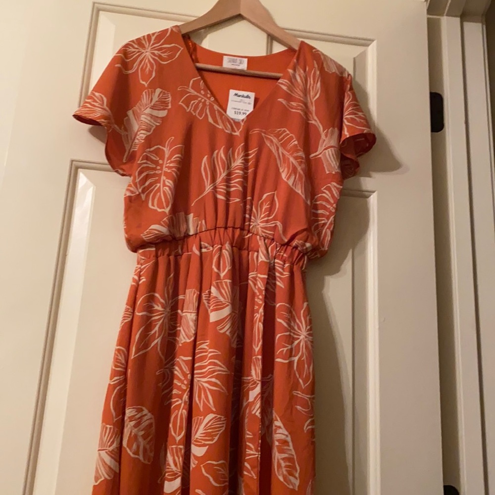 Orange with Beige Flowers and Palm Leaves Maxi
